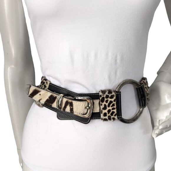 Vintage 90s La Doppia Vita Leather Pony Hair Belt Animal Print Braided Brown Whi - Picture 11 of 14